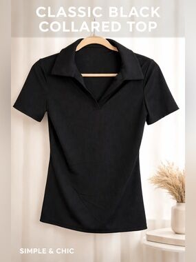 Black Ribbed Polo Top | Size Small | Minimalist Stretch Tee